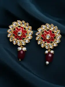 PANASH Women Gold-Plated Kundan Floral Shaped Meenakari Drop Earrings