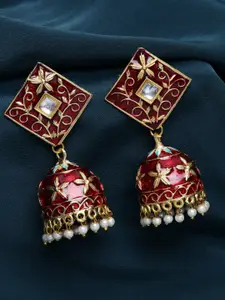PANASH Women Red Gold-Plated Kundan Dome Shaped Enamelled Jhumkas