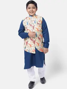 NAMASKAR Kids Boys Navy Blue Printed Pure Cotton Kurta with Pyjamas