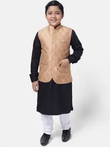 NAMASKAR Boys Black Embroidered Pure Cotton Kurta with Pyjamas & Nehru Jacket