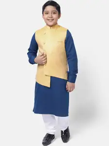 NAMASKAR Kids-Boys Navy Blue Angrakha Pure Cotton Top with Pyjamas With Nehru Jacket