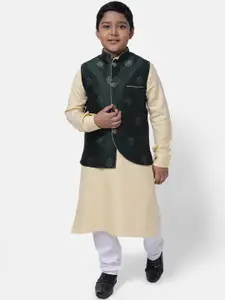 NAMASKAR Kids-Boys Cream-Coloured  Pure Cotton Top with Churidar  Nehru Jacke