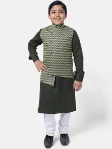 NAMASKAR Kids-Boys Green Printed Angrakha Pure Cotton Kurta with Churidar and Nehru Jacket