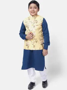 NAMASKAR Kids-Boys Navy Blue Pure Cotton Kurta set With Nehru Jacket