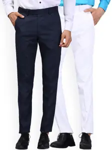 Vandnam Fabrics Men White and Blue Set of 2 Smart Slim Fit Trousers