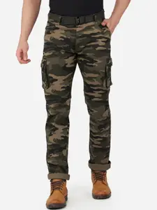 beevee Men Olive Green Camouflage Printed Relaxed Straight Fit Cargos Trousers