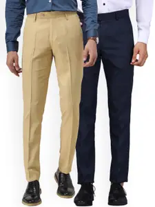 Vandnam Fabrics Men Blue & Beige Smart Slim Fit Formal Trousers