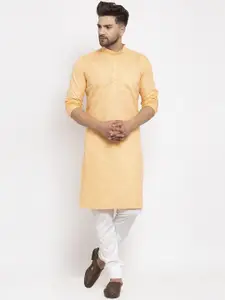 Kaifoo Men Peach-Coloured Solid Cotton Blend Long Kurta