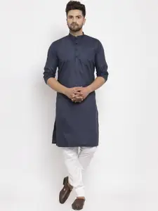 Kaifoo Men Navy Blue Solid Cotton Blend Long Kurta