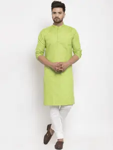 Kaifoo Men Green Solid Cotton Blend Long Kurta