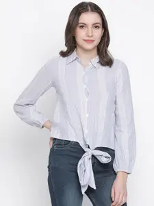 Oxolloxo Women Blue & White Classic Semi Sheer Striped Casual Shirt