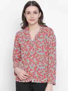 Oxolloxo Women White & Red Classic Floral Printed Casual Lounge Shirt