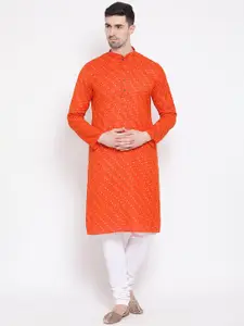 NAMASKAR Men Orange Printed Cotton Linen Kurta with Churidar