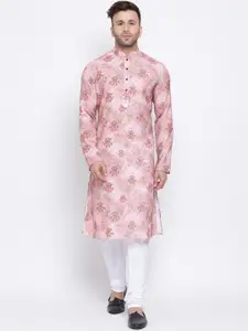 NAMASKAR Men Pink Floral Cotton Linen Printed Kurta with Churidar