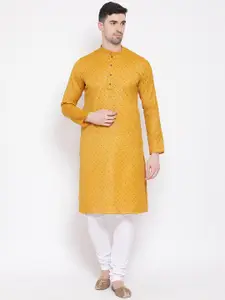 NAMASKAR Men Yellow Cotton Linen Printed Kurta with Churidar