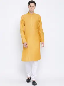NAMASKAR Men Mustard Yellow Solid Cotton Kurta with Churidar
