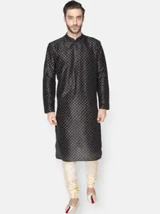 NAMASKAR Men Black Printed Dupion Silk Kurta with Churidar