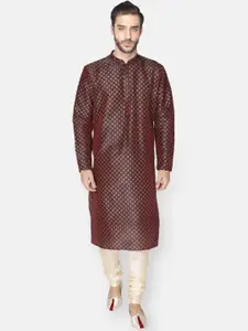 NAMASKAR Men Maroon Dupion Silk Printed Kurta with Churidar