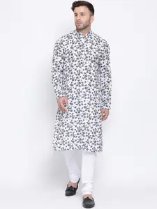 NAMASKAR Men White Printed Cotton Linen Kurta with Churidar