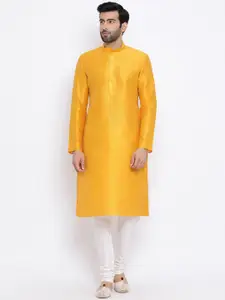 NAMASKAR Men Yellow Solid Dupion Silk Kurta with Churidar