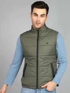 Urbano Fashion Men Green Brown Sleeveless Zippered Puffer Jacket