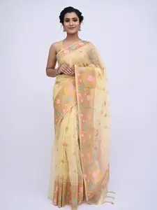 KAJREE Yellow & Pink Zari Organza Block Print Saree