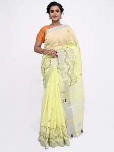 KAJREE Yellow & Silver-Toned Woven Design Pure Linen Tussar Saree