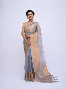 KAJREE Grey & Blue Woven Design Zari Organza Block Print Saree