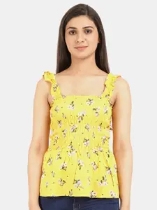 V-Mart Women Western Mustard Yellow Floral Printed Shoulder strap Top
