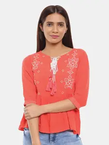 V-Mart Women Western Solid Red Embroidered Tie-Up Neck Top