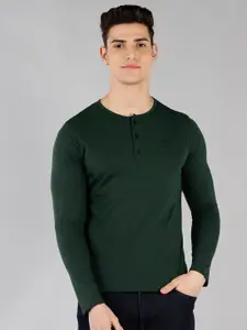 Urbano Fashion Men Green Solid Henley Neck Long Sleeves Regular Fit T-shirt