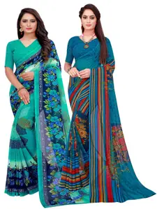 Florence Set Of 2 Turquoise Blue & Red Floral Pure Georgette Saree