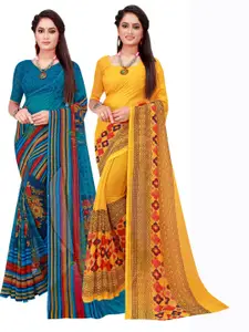 Florence Yellow & Blue Set of 2 Printed Pure Georgette Saree