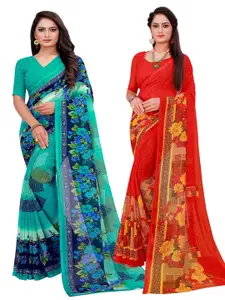 Florence Turquoise Blue & Red Set of 2 Printed Pure Georgette Saree