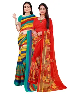 KALINI Multicoloured & Red Pack Of 2 Printed Pure Georgette Sarees