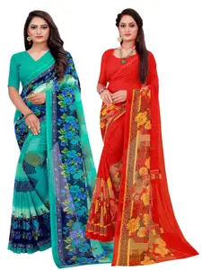 KALINI Turquoise Blue & Red Pack Of 2 Printed Pure Georgette Sarees