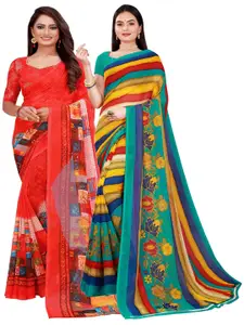 Florence Red & Multicoloured Striped Pack of 2 Pure Georgette Saree