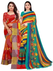 Florence Red & Green Set Of 2 Floral Pure Georgette Saree