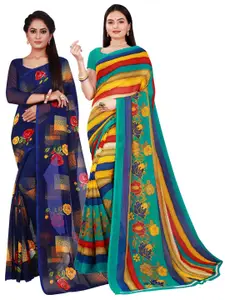 Florence Navy Blue & Green Floral Pure Georgette Saree