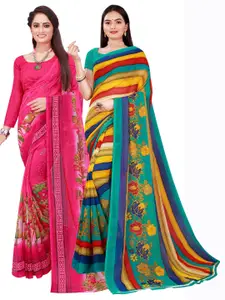 Florence Pink & Yellow Striped Pure Georgette Saree Pack Of 2