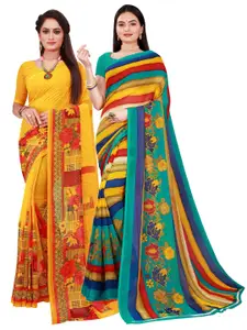 Florence Set Of 2 Yellow & Blue Floral Pure Georgette Saree