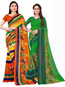 Florence Green & Multicoloured Pack of 2 Printed Pure Georgette Sarees