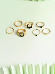 SOHI Women Set of 7 Gold-Plated Black Stone Studded Finger Ring