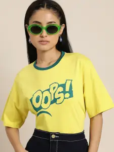 Difference of Opinion Women Yellow & Green Typography Printed Drop-Shoulder Sleeves Oversized T-shirt