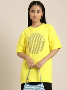 Difference of Opinion Women Yellow Brand Logo Printed Drop-Shoulder Sleeves Pure Cotton Oversized T-shirt