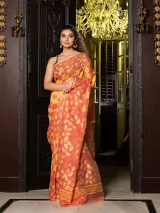 Charukriti Orange & Gold-Toned Woven Design Silk Cotton Jamdani Saree