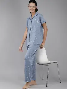 Zeyo Women Blue Printed Cotton Night Suit