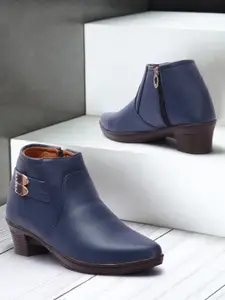 FASHIMO Women Blue Block Heel Zipper Boots