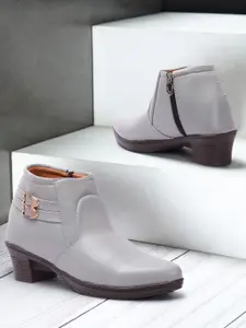 FASHIMO Women Grey Block Heel Ziper Boot