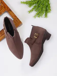 FASHIMO Women Brown Block Heel Boot With Buckle Detail